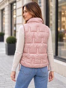 Women's Stand Collar Lightweight Padded Vest, Geometric Quilted Zip-Up Sleeveless Jacket With Pockets And Drawstring Hem - Pink - View 5