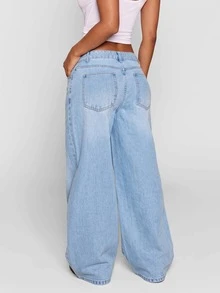 Women's Low Waist Wide Leg Casual Blue Ripped Pocket Curved Hem Jeans, Autumn Fall - Sky Blue - View 2