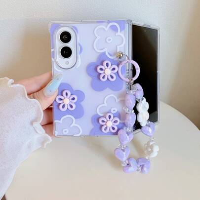 Floral Charm Case For Samsung Galaxy Z Fold8, Foldable Phone Case With Raised 3D Flowers & Beaded Wrist Strap