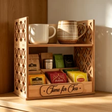 Vintage Carved Tea Bag Display Rack, Multi-Compartment Tea Bag Storage Box For Home Desktop, Tea Station Cup Holder, Furniture Storage, Perfect Gift - Khaki - View 3
