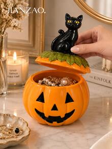 1pc Halloween Pumpkin Storage Jar With Black Cat Lid, Jack-O'-Lantern Decorative Jewelry Box For Candy, Rings, Necklaces, Home Desktop Holiday Decor - Pumpkin Cat Storage - View 5