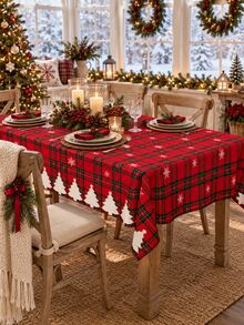 1 buah Taplak Meja Pohon Natal Kotak-kotak Merah, Taplak Meja Bulat/Persegi Gaya Rumah Pertanian Tradisional dari Poliester, Motif Pinggiran Kepingan Salju dan Pohon, Lembut dan Dapat Dicuci, Dekorasi Meja Makan Rumah Musim Dingin untuk Pesta Makan Malam Natal - MultiWarna - View 2
