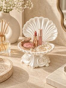 1pc Decorative Shell-Shaped Jewelry & Makeup Tray, Elegant Rose Embossed Vanity Organizer, Suitable For Perfume, Lipstick, Earrings, Rings, Bedroom Vanity Decor, Bathroom Accessories, Toothbrush Holder, Brush Holder, Home Decor, Room Decor, Autumn Home Decor - Multiple Styles - View 4