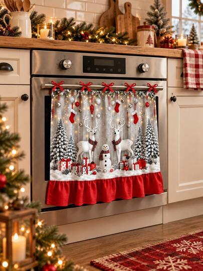 Cortina para puerta de horno con temática navideña, cortina decorativa para panel de lavavajillas, material de poliéster, diseño de dobladillo con volantes rojos, decorada con lazos, renos blancos, muñecos de nieve y patrones de bolas de calcetines navideños, toalla de decoración de cocina navideña, adecuada para la parte frontal de la estufa, decoración del hogar de invierno, suministros de fiesta de cocina navideña estilo granja, también aplicable a lavavajillas, hornos, fregaderos, estantes de zapatos de la entrada.
