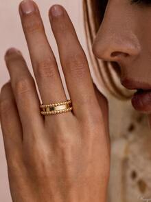 1pc 18K Gold Plated Double Row Bead Wide Band Ring, Unique Luxury Ring, Suitable For Women Girls Daily Party Decoration And Holiday Gift - Yellow Gold - View 7