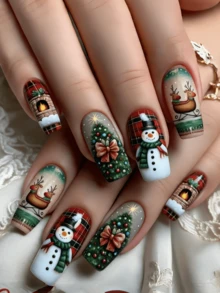 24pcs Christmas Snowman Christmas Tree Reindeer Fireplace Winter Holiday Fake Nails Rectangular Wearable - Green - View 7