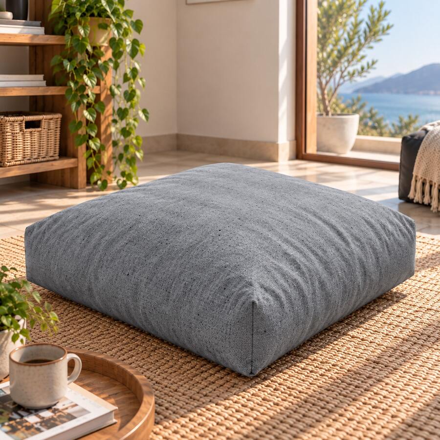 70x70 Cm Tufted Floor Cushion, Made In Turkey, Square Seating Pillow For Indoor & Outdoor Use - Grey - View 1