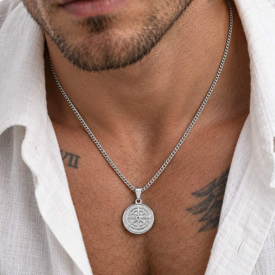 Compass Pendant Necklace Men's Stainless Steel Chain Necklace - Style 11 - View 1