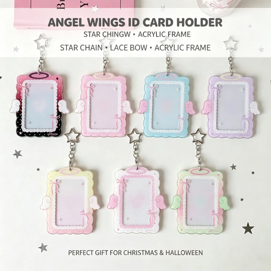 Angel Wing Acrylic Card Holder, High Aesthetic, Portable, With Star-Shaped Chain And Bow Decoration, Can Store Small Cards And IDs, Suitable For Carrying, Desktop Display, Christmas Gifts, Back To School - Card Sleeve - View 1