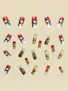 24pcs Christmas Snowman Christmas Tree Reindeer Fireplace Winter Holiday Fake Nails Rectangular Wearable - Green - View 3