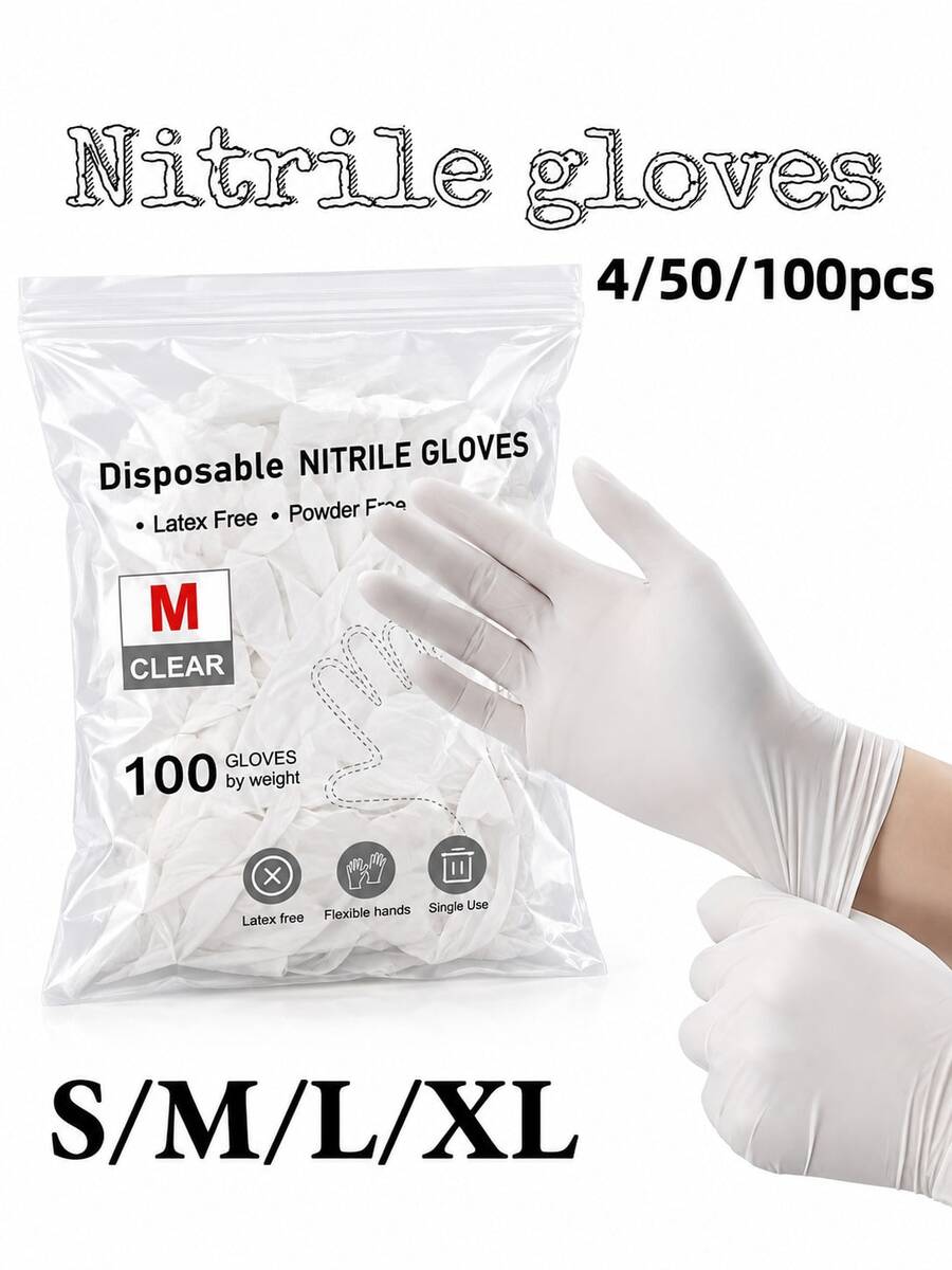 4/50/100入 白色無粉丁腈手套，高品質一次性白色手套，適用於居家廚房清潔、家務、油漆、戶外旅行及家用工具使用（袋裝）