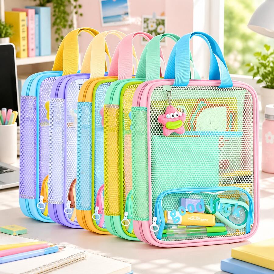 1pc Dopamine Color Block Tutorial Bag, 3-Layer Large Capacity File & Book Storage Tote, With Front Pen Holder, Portable Student Handbag, Suitable For School, University, Office, Autumn Back To School Supplies Gift Bag - Multicolor - View 1