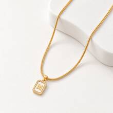 1pc Fashion Block Shell Initial Pendant Golden Stainless Steel Herringbone Chain Necklaces For Women - Yellow Gold - View 3