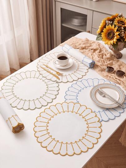 1-6pcs Beige Base Light Green Embroidered Scalloped Edge Round Fabric Placemats, French Country Style Polyester Cotton Fabric Material, Round Scalloped Petal Shape, Exquisite Radial Dot Light Green Embroidery, Decorative Heat-Insulating Fabric Placemats, Suitable For Home Dining Table, Afternoon Tea, Spring Party, Holiday Banquet