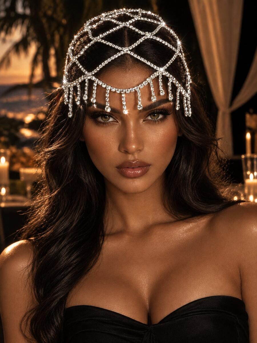 Bohemian Fashion Multi-Layer Rhinestone Water Drop Pendant Head Chain, Shiny Jewelry Accessory For Women's Banquet And Party - Silver - View 1