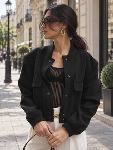 TRAFZA Women's Retro Solid Color Long Sleeve Jacket With Pockets And Buttons, Casual Autumn Bomber Jacket Black Spring - Black - View 3