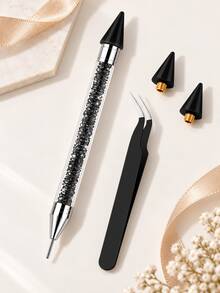 Black Rhinestone Picking Wax Pencil For Nail Art Creation - Dual-Tip Diamond Painting Dotting Tool With 2 Spare Wax Tips And Curved Tweezers, Designed For Flat Back Gemstone Inlay, 5D Diamond Painting And DIY Crafts - C - View 8