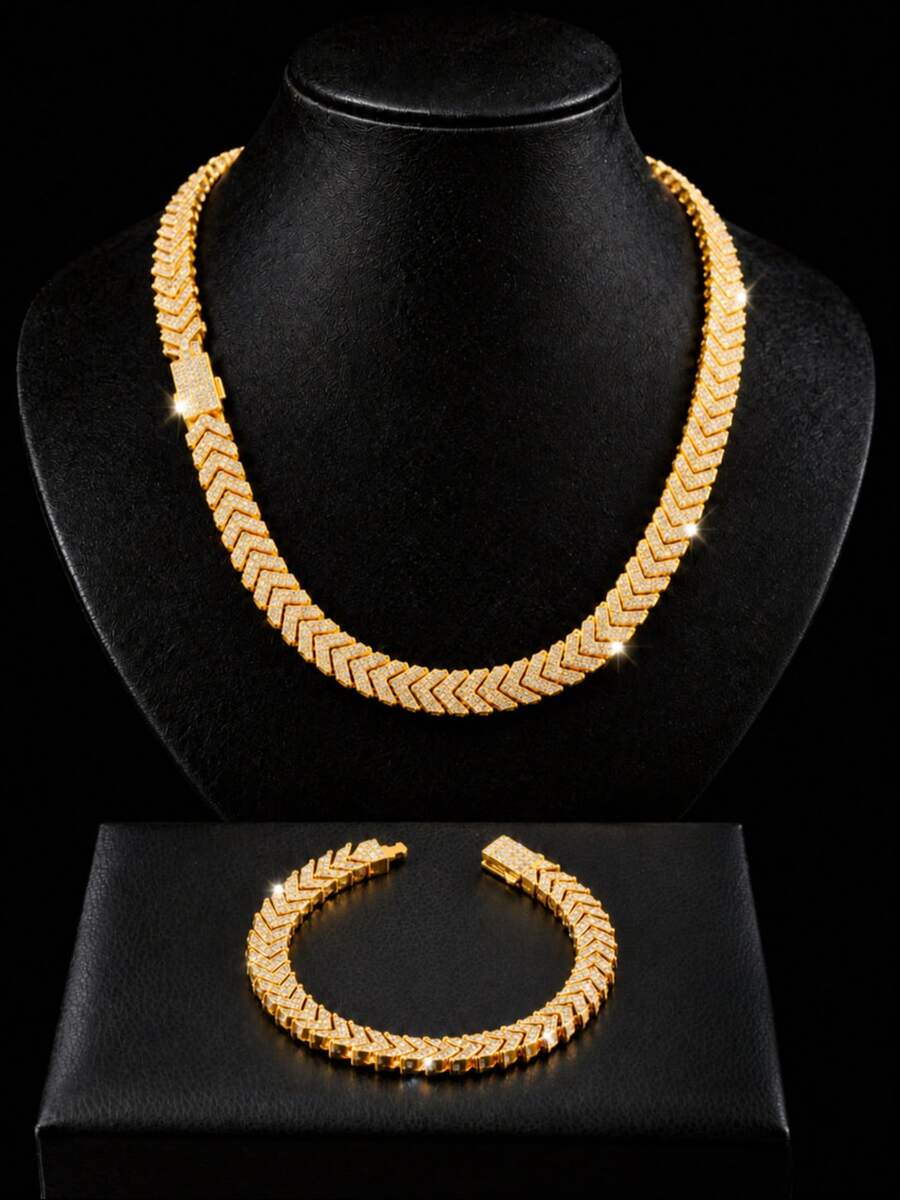 Hip Hop Full Rhinestone Arrow Cuban Chain Necklace & Bracelet Set Men's Fishbone Chain Cool Party Jewelry - Fishbone Cuban Link Chain - View 1
