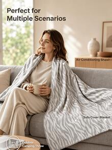 1pc Grey Zebra Stripe Knit Throw Blanket, Soft Lightweight Sofa Blanket With Tassel Edge, Multi-Functional Sofa Cover, Suitable For Home, Camping, Air Conditioning Shawl, Multi-Purpose Autumn Home Decor, Perfect For Daily Home Use And Holiday Gift - Light Grey - View 8