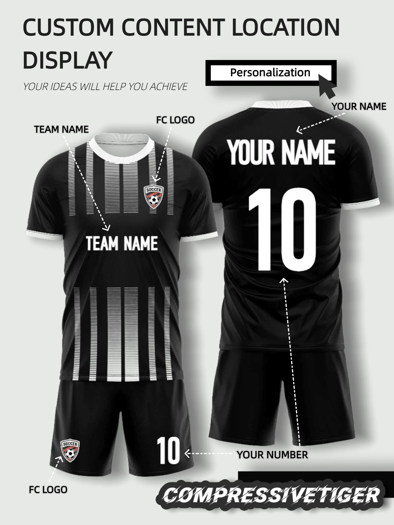 2pcs Personalized Football Jersey Set - Customizable Name & Number Print Short Sleeve T-Shirt + Shorts, Quick-Dry Sports Suit, Suitable As Gift - Black - View 1