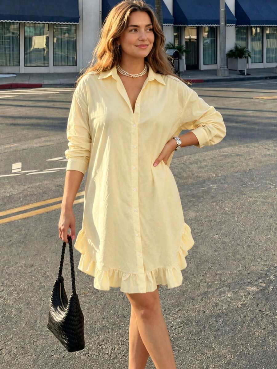 Plus Size Korean Style Fashion Single Breasted Long Sleeve Dress - Yellow - View 1