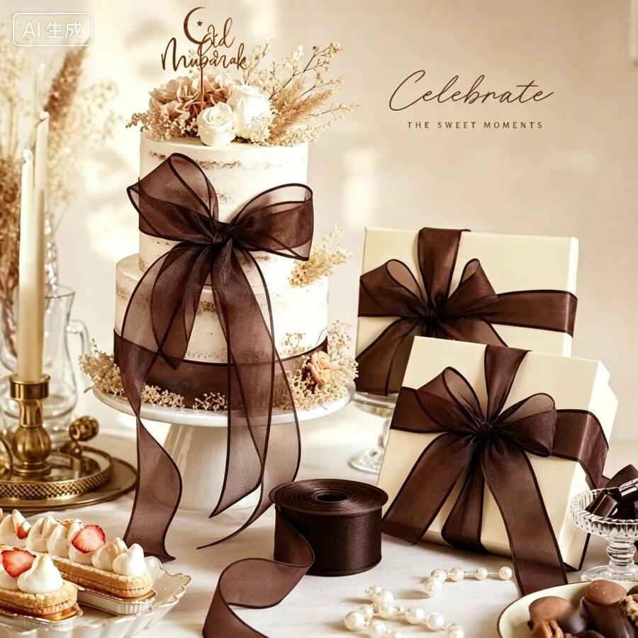 1 Roll 10# Satin Ribbon, Autumn Series, With Thick Edge And Floral Bouquet Pattern, Suitable For Floral Arrangement, Gift Wrapping, Cake Decoration, Holiday Party Decoration And Other Creative Projects - Brown 4cm/1.57inch - View 1