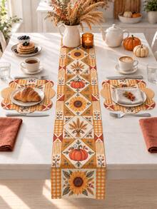 1 Set Autumn Harvest Pumpkin Sunflower Wheat Table Runner & Placemat Set, Orange Plaid Patchwork Farmhouse Dining Table Decor, Rustic Fall Thanksgiving Kitchen Decoration, Harvest Party Home Dining Room Seasonal Tabletop Decor - Multicolor - View 8