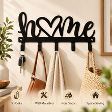 Black Metal HOME Wall Key Holder With 5 Hooks, Heart Letter Wall Decor, Entryway Key Organizer For Keys, Bags, Hallway & Bedroom, Rustic Farmhouse Wall Mounted Coat Hat Hanger, Space Saving Storage Rack, Ideal For Front Door, Apartment - Black - View 9