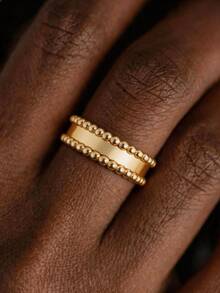 1pc 18K Gold Plated Double Row Bead Wide Band Ring, Unique Luxury Ring, Suitable For Women Girls Daily Party Decoration And Holiday Gift - Yellow Gold - View 3