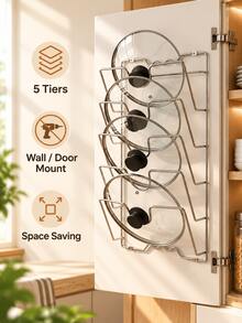 1pc Large Size 5-Tier Wall-Mounted Pot Lid Storage Rack, Multi-Layer Pot Lid Organizer For Kitchen Cabinet Door, Vertical Iron Pot Lid Organizer, Large Capacity Space-Saving Kitchen Storage Organizer - Multicolor - View 7