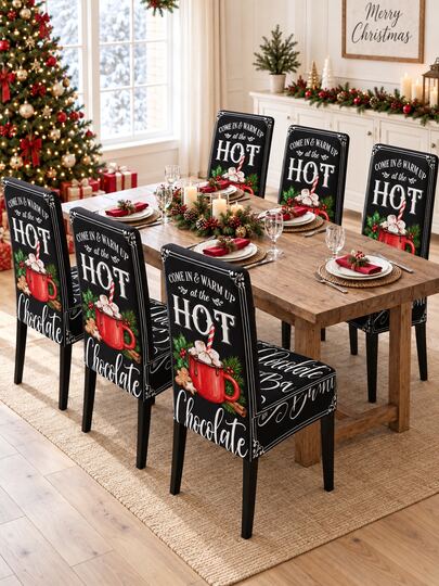 2/4/6pcs Christmas Hot Cocoa Red Cup Gingerbread Man Chair Covers, Vintage Blackboard Style Black Background White Letter Print Backrest And Seat Cover, Suitable For Dining Room, Kitchen, Home Gathering And Winter Holiday Party Decoration