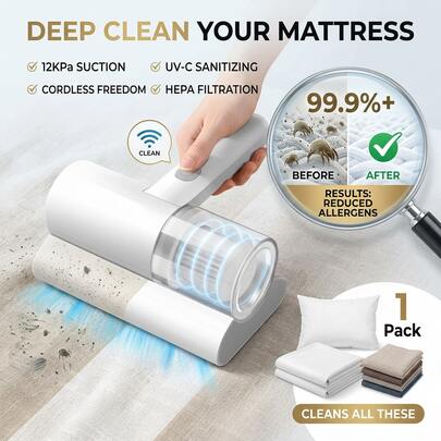 Wireless Bed Vacuum Cleaner, 12Kpa Handheld Strong Suction Cold Light Deep Mattress Vacuum Cleaner With HEPA Effectively Clean Up For Pillows Sheets Mattresses Sofas And Other Fabric Face