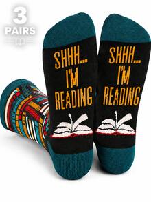 1/3 Pairs Unisex Creative Reading Theme Mid-Calf Socks, Letter & Book Pattern, Personalized Socks For Book Lovers, Casual Home Daily Wear, Gift Socks - Multicolor - View 9
