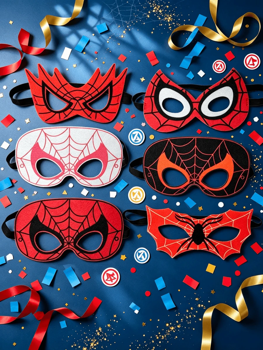 6pcs Cartoon Hero Spider Web Pattern Felt Mask Set, Half Face Mask With Elastic Rope, Birthday Party Gift Dress Up Mask, Theme Party Role Playing Costume Accessories, As A Birthday Gift, Easter, Christmas Holiday Party Gift. - Multicolor - View 1