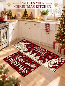 1/2pcs Christmas Kitchen Decor Rugs, Winter Kitchen Mats And Pads, Non-Slip Washable Absorbent Kitchen Accessories Decorative Floor Mat, Christmas Holiday Gift! - Multicolor - View 2