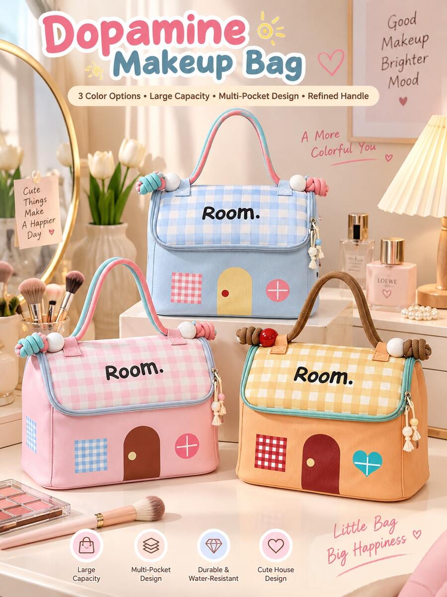 "Dopamine Style" Makeup Bag, Wide Mouth Design, Novel Style, Suitable As A Gift Or Toiletry Bag, House-Shaped Design, Compartmentalized Storage For Toiletries And Cosmetics, Large Capacity, Suitable For Vanity, Bathroom Countertop Or Packing In Luggage