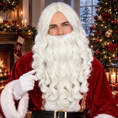 Men's Long Curly White Santa Wig & Beard Set, 18 Inch Wavy Synthetic Hairpiece For Christmas Costume, Xmas Party & Cosplay. Realistic Father Christmas Accessory For Holiday Dress Up. Funny Novelty Gift For Men Or Husband To Celebrate The Festive