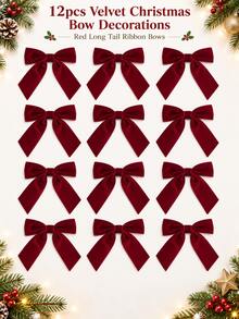 12/24pcs Christmas Velvet Bow Ornaments, Burgundy Long Tail Ribbon Bows For Christmas Tree, Wreath, Garland, Gifts & Holiday Party Decorations - Bow - View 7