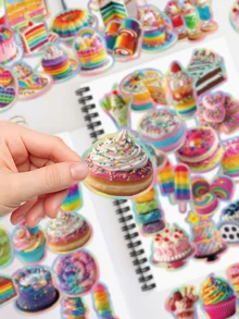50pcs Dopamine Food Stickers, Including Rainbow Cake, Donut, Dessert Patterns, Suitable For Skateboard, Helmet, Scrapbook, Water Bottle, Motorcycle, Refrigerator, Etc., Perfect For DIY, Gift Decoration, Birthday Party Gift - Multicolor - View 5
