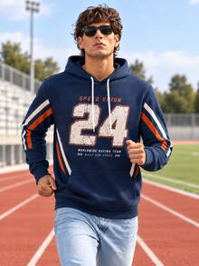 Sweatshirt Pria Vintage Racing #24 dengan Cetakan Nomor Rusak, Lengan Bergaris, Tali Serut, dan Hoodie, Gaya Kasual Olahraga Jalanan, Saku Kanguru, Lengan Panjang. - MultiWarna - View 1
