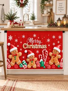 1pc Christmas Gingerbread Man Polyester Kitchen Cabinet Curtain, Merry Christmas Candy Cane Snowflake Print Under Sink Cover, Farmhouse Kitchen Skirt For Xmas Home Decor - B - View 2