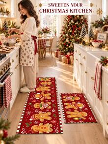 1/2pcs Christmas Kitchen Decor Rugs, Merry Christmas Gingerbread Man Design, Winter Kitchen Carpets And Mats, Non-Slip Washable Absorbent Kitchen Accessories Decorative Floor Mat, Christmas Holiday Gift! - Multicolor - View 3
