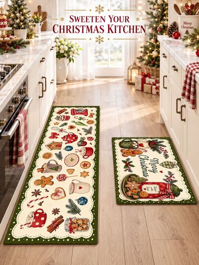 1/2pcs Christmas Kitchen Decor Rugs, Winter Kitchen Mats And Pads, Non-Slip Washable Absorbent Kitchen Accessories Decorative Floor Mat, Christmas Holiday Gift!