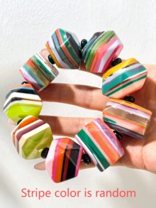 Bohemian Colorblock Striped Square Resin Elastic Bracelet, Vintage Multi-Layer Colorful Square Bead Exaggerated Bangle - Multicolor a - View 8