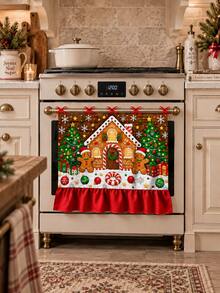 Christmas Gingerbread House Oven Door Curtain, Scalloped Edge Gingerbread Man & Christmas Tree Print Oven Handle Cover With Red Ribbon Tie, Kitchen Holiday Decor - Christmas Gingerbread House - View 5