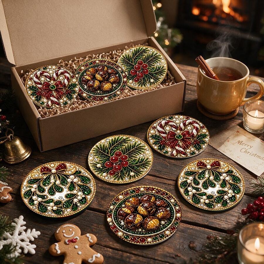 4/8pcs Autumn/Winter New DIY Colorful Pearl Rhinestone + Shiny Diamond, Diamond Painting Coaster Set, Suitable For Beginners, Applicable For Home, Holiday Decoration, DIY Handmade Kit, First Choice Gift For Friends And Family - Rhinestone Coaster/QY206 - View 1