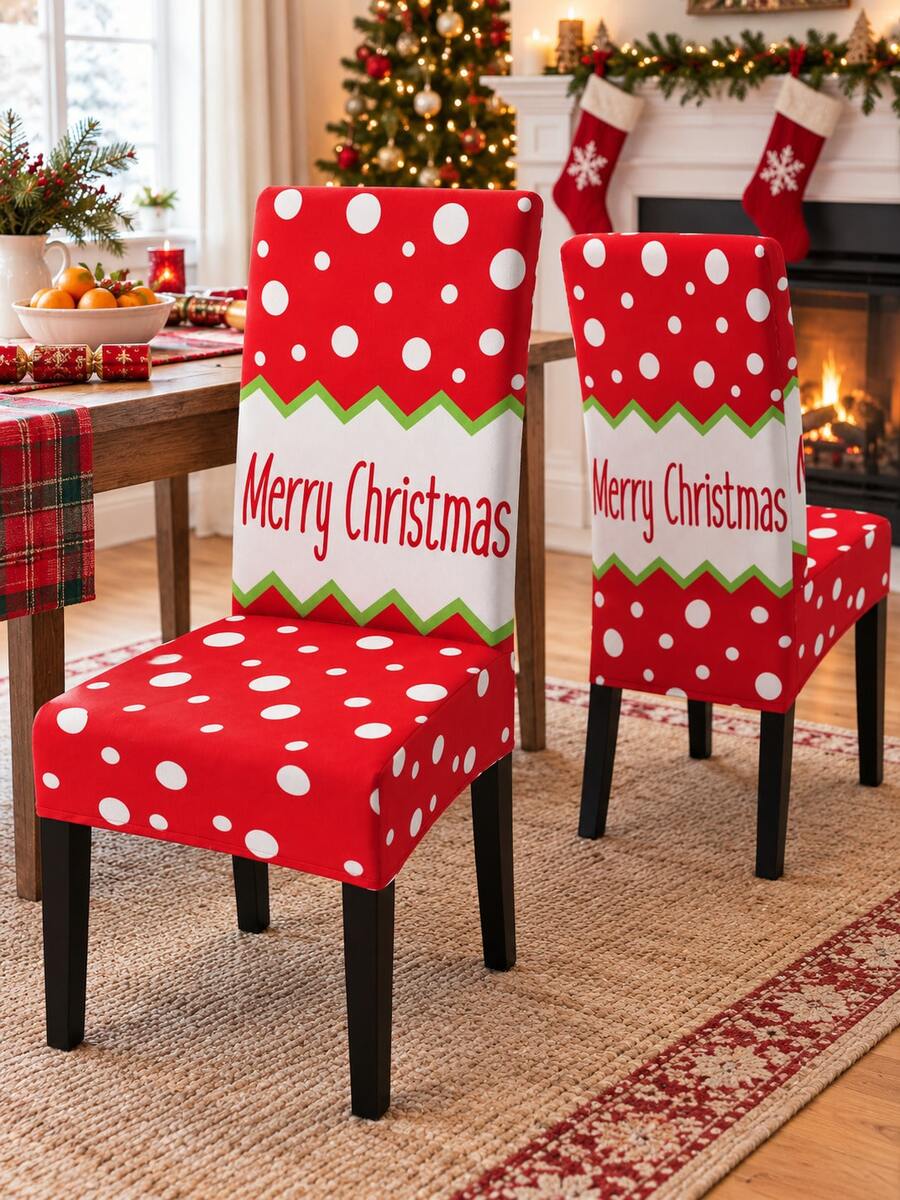 2/4/6件組聖誕椅套,紅白波點搭配Merry Christmas字母印花,綠色鋸齒邊飾設計,適用於餐廳、廚房及節日派對裝飾 - D - 查看 1
