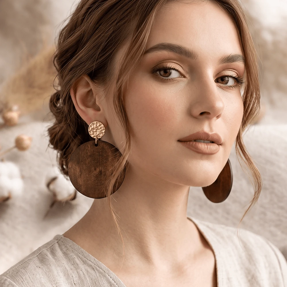 NeeFu WoFu 1pair Vintage Wooden Circular Earrings, Coffee Brown Fashion Lightweight Geometric Drop Jewelry, Natural Minimalist Design For Everyday & Holiday Wear - Round Wood - View 1