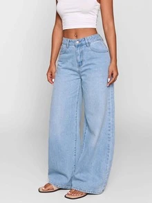 Women's Low Waist Wide Leg Casual Blue Ripped Pocket Curved Hem Jeans, Autumn Fall - Sky Blue - View 3