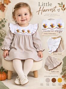Sweet Vintage Baby Girl Long Sleeve Dress, Turkey Embroidery Ruffle Design Thanksgiving Outfit Dress - Apricot - View 3